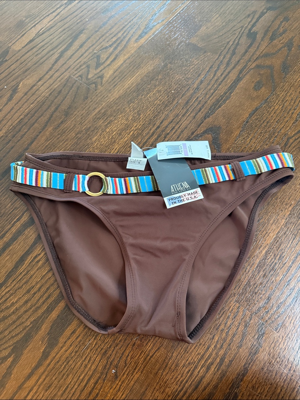 Athena Brown Bikini Bottom with Multicolor Stripe Belt and Gold Ring Accent